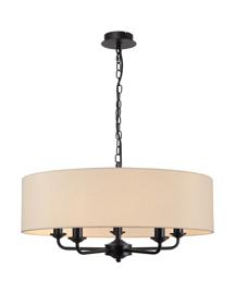 DK1017  Banyan 60cm 5 Light Pendant Matt Black, Ivory Pearl